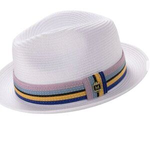 WHITE Braided Straw Fedora Hat with Multistripe Band  BRIM 2 1/2 IN   106